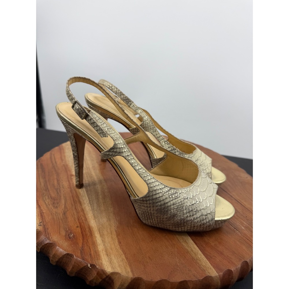 Kate Spade Snakeskin Platform Slingback Heels Womens 7 Gold Peep Toe Made‎ Italy